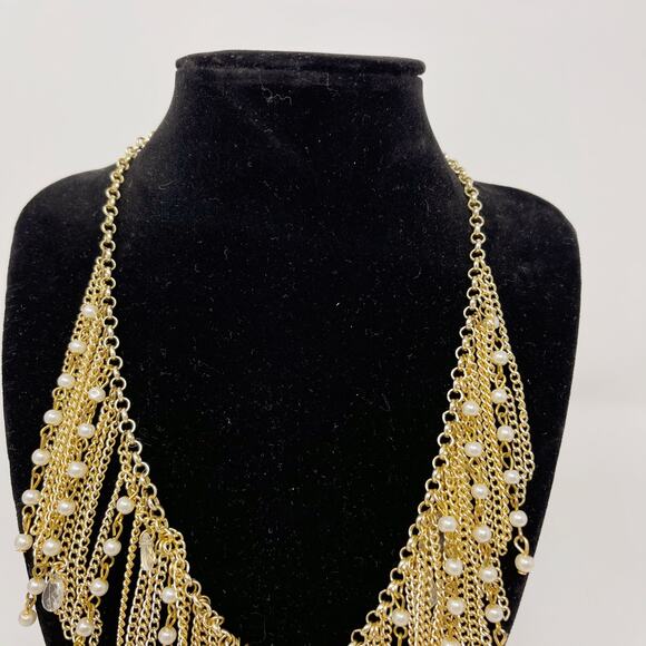 Amrita Singh Gold Tone Chainlink Bib Statement Necklace with Faux Pearl Drop - Picture 3 of 7
